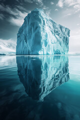A huge piece of iceberg floating in the ocean, reflected in calm sea water. Beautiful glacial landscape