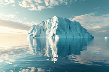 A large piece of iceberg floating in the ocean, reflected in calm sea water during sunrise