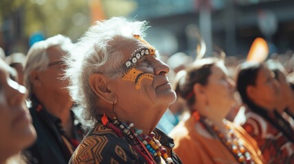 Obraz premium Indigenous elders in ceremonial dress, with focus on a man in a headband
