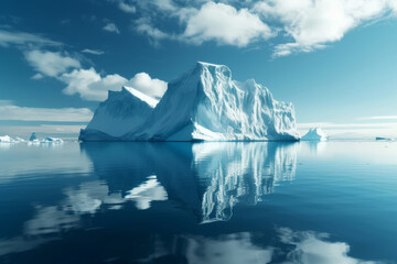 A large piece of iceberg floating in the ocean, reflected in calm sea water. Beautiful glacial landscape