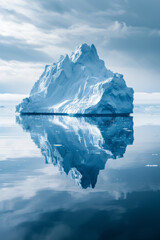 Fototapeta na wymiar A large piece of iceberg floating in the ocean, reflected in calm sea water. Beautiful glacial landscape