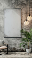 Blank picture frame and poster mockup on concrete wall in bohemian room interior, aesthetic style