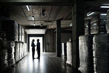 Outlines of two workers of bottled water factory standing in spacious distribution warehouse among...