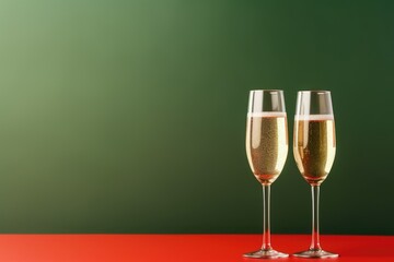 Two Champagne Flutes Filled With Sparkling Wine on a Red Table With Green Background