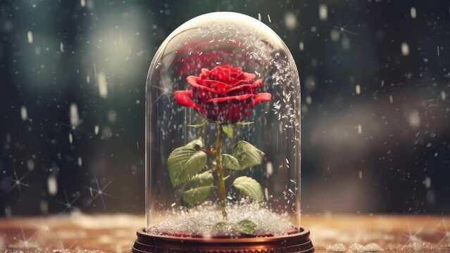 A red rose closed under a glass dome. Symbol of love with winter background.seamless looping time-lapse virtual video animation background