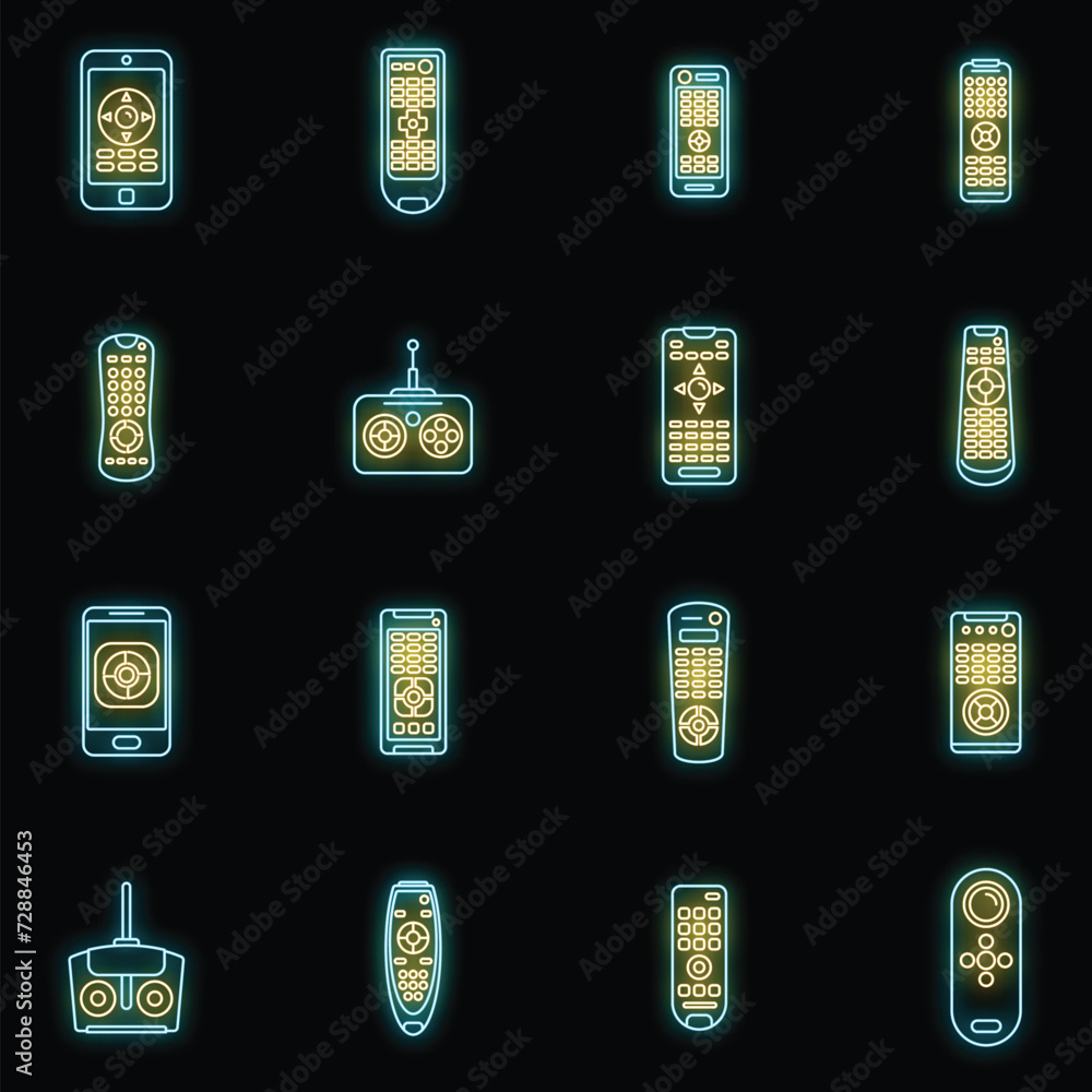 Aufkleber hand remote control icons set. outline set of hand remote control vector icons neon color on black