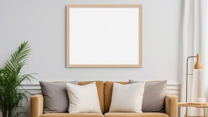 A mockup of a blank picture frame on the wall in a contemporary style living room