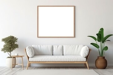 A mockup of a blank picture frame on the wall in a contemporary style living room