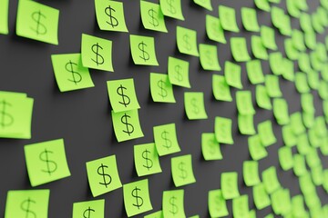 Many green stickers on black board background with symbol of Chile peso drawn on them. Closeup view with narrow depth of field and selective focus. 3d render, illustration