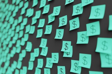 Many teal stickers on black board background with symbol of Chile peso drawn on them. Closeup view with narrow depth of field and selective focus. 3d render, illustration