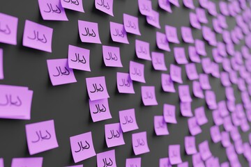 Many violet stickers on black board background with symbol of Saudi Arabia riyal drawn on them. Closeup view with narrow depth of field and selective focus. 3d render, illustration