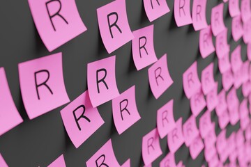 Many pink stickers on black board background with symbol of South Africa rand drawn on them. Closeup view with narrow depth of field and selective focus. 3d render, illustration