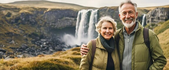 Cheerful senior couple enjoying nature outdoors in mountains with waterfall view. Joyful elderly family traveling together. Man and woman on hike with smile on faces - Powered by Adobe