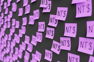 Many violet stickers on black board background with symbol of Taiwan new dollar drawn on them. Closeup view with narrow depth of field and selective focus. 3d render, illustration