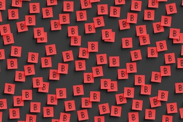 Many red stickers on black board background with symbol of Thailand baht drawn on them. Flat view. 3d render, illustration