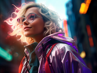Young European woman wearing glasses on a big city street with neon lights in the background. Steampunk white girl on the street of evening city