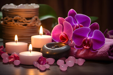 Fototapeta na wymiar Tranquil Spa Oasis Candlelit Orchid Elegance