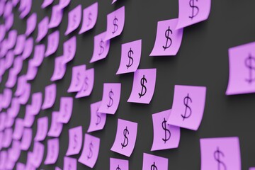 Many violet stickers on black board background with symbol of Barbados dollar drawn on them. Closeup view with narrow depth of field and selective focus. 3d render, illustration