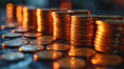 stacks of coins in warm lighting