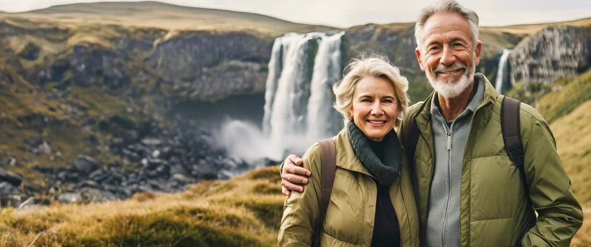 Cheerful senior couple enjoying nature outdoors in mountains with waterfall view. Joyful elderly family traveling together. Man and woman on hike with smile on faces