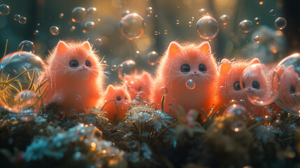 a group of pink kittens in the forest with bubbles - obrazy, fototapety, plakaty