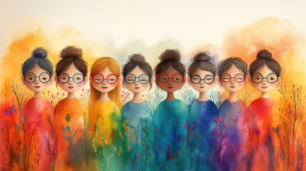 a row of women in different colors, diversity concept, watercolor illustration