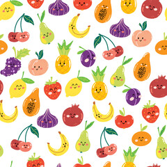 Hand drawn seamless pattern with cute kawaii fruits on white background. Colorful wallpaper for print, wrapping paper, textile