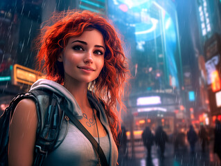 Young European woman wearing glasses on a big city street with neon lights in the background. Steampunk white girl on the street of evening city