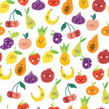 Hand drawn seamless pattern with cute kawaii fruits on white background. Colorful wallpaper for print, wrapping paper, textile