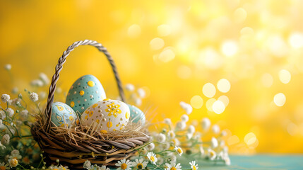 Fototapeta na wymiar Festive Flourish: Yellow and Blue Easter Eggs in a Cheerful Celebration. Generative AI