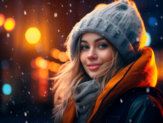 Young European woman wearing glasses on a big city street with neon lights in the background. Steampunk white girl on the street of evening city