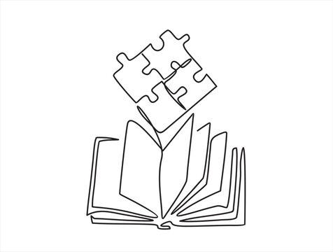 continuous one line drawing of puzzle and open book. Can used for logo, emblem, slide show and banner