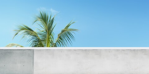 Concrete wall with open window and palm leaves against blue sky, white exterior building, modern architecture with square frame in spring/summer sky.