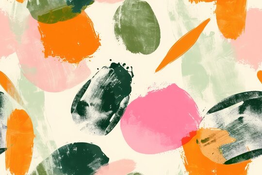 Abstract background with green, pink, and orange colors, asymmetrical colorful packaging pattern design, and brush ink style.