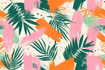 Brush ink style abstract background adorned with asymmetrical colorful packaging pattern design, highlighted by green, pink, and orange hues - obrazy, fototapety, plakaty