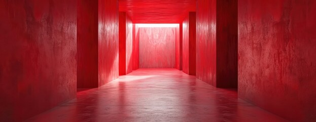 Long Hallway With Red Walls and Light at the End
