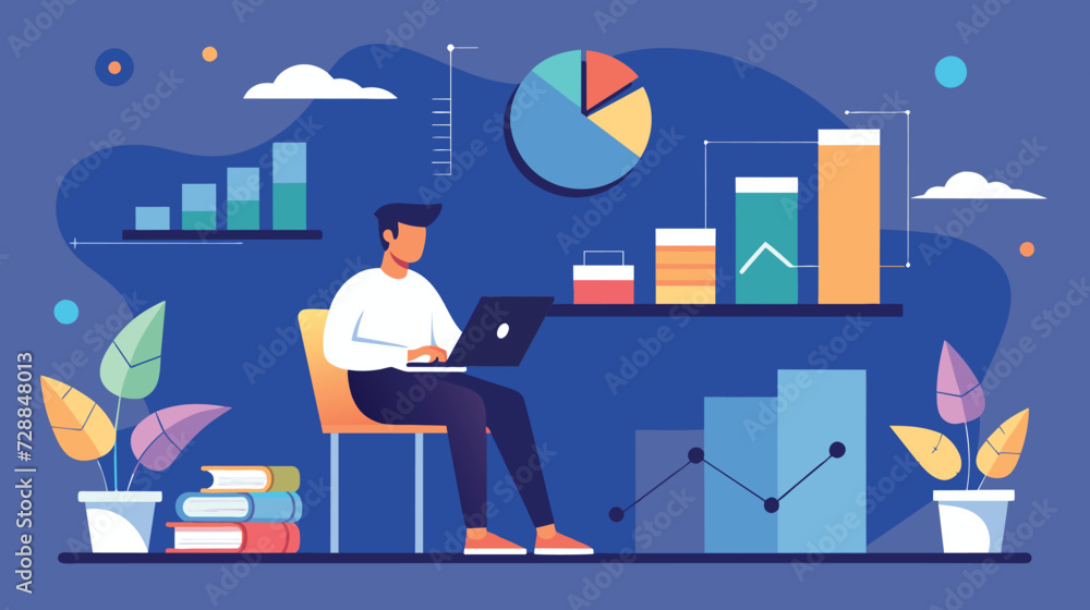 Poster modern analyst working at a desk with data visualization graphics