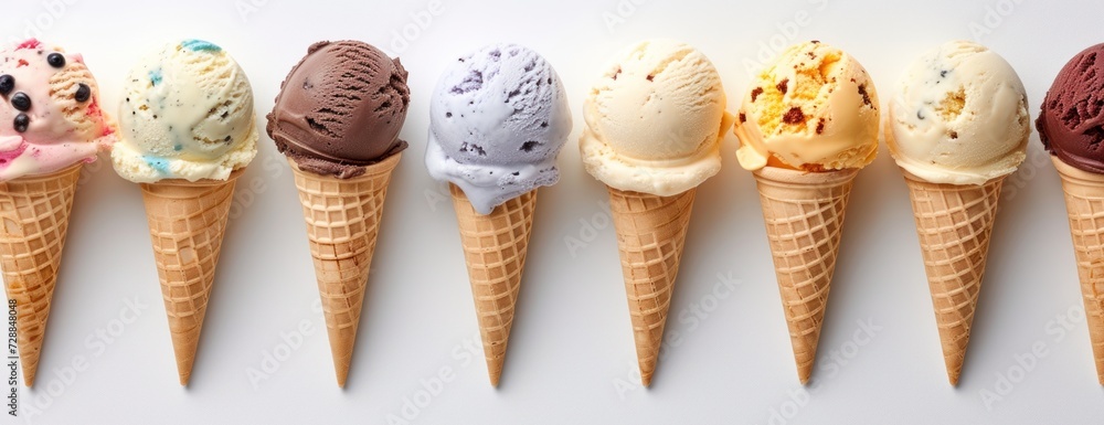 Poster assorted ice cream cones in a row