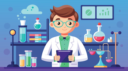 Cheerful Scientist in Laboratory With Digital Tablet and Chemicals