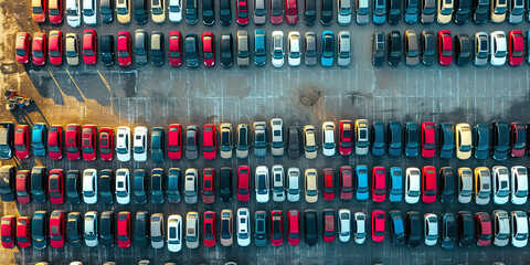 Aerial view of new cars stock at factory parking