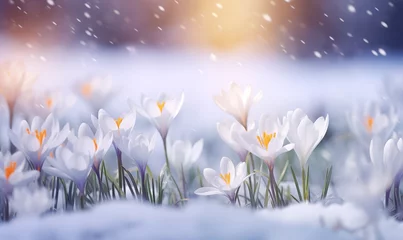 Foto op Canvas White crocus flowers blooming in snow in the soft morning light, generated by ai © emilio100