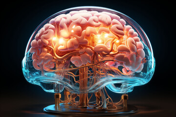 A 3D brain model with orange and blue neon glows, suggesting neural complexity on a dark background, ideal for depicting concepts of intelligence and cognitive science.