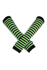 Close-up photo of a pair of striped fingerless gloves with thumbhole. Long black and green glovelettes are isolated on a white background. Top view.