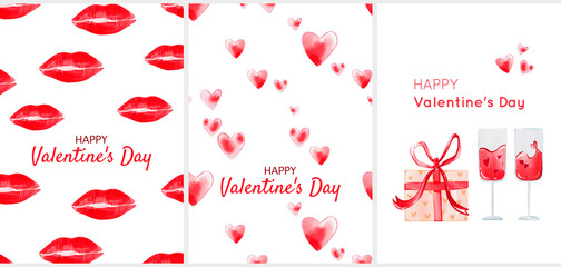 Set of postcard Happy Valentines Day - vertical postcard with red lipstick kiss and glass of wine, hearts for print, 14 february. Digital watercolor illustration
