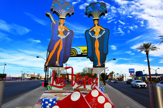 Las Vegas, Nevada &ndash; December 7, 2023: Las Vegas Boulevard Gateway Showgirls sign in downtown Las Vegas