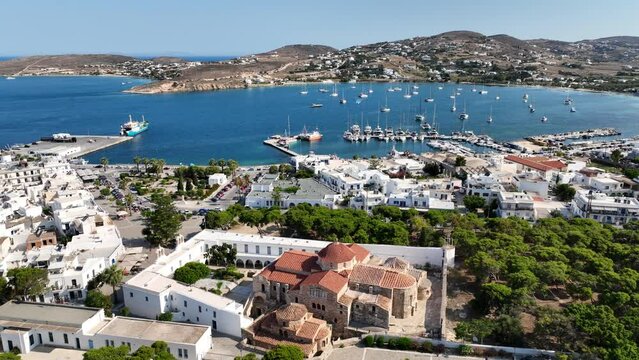 Aerial drone video from famous Byzantine monastery of Ekatontapyliani in main village of Paros island, Parikia, Cyclades, Greece