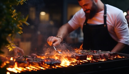 A man cooks a meat steak on charcoal grill. Barbecue party. Steaks cooking over flaming grill