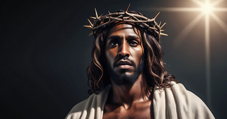 Portrait of black Jesus Christ with crown of thorns on his, head in the darkness in front of the crucifix in the background, a heavenly ray.