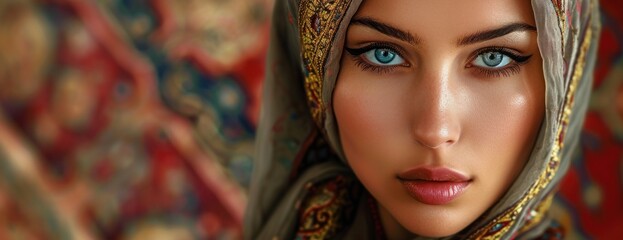 Woman With Blue Eyes Wearing Headscarf - obrazy, fototapety, plakaty