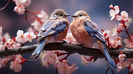 A pair of lovebirds perched on a blossoming cherry tree branch, capturing the tender and romantic moments that blossom with the arrival of spring - Powered by Adobe